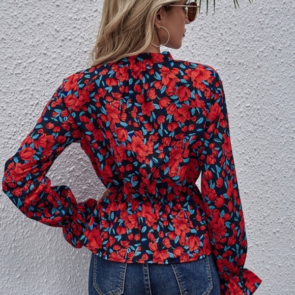 Boho Red Floral Lantern Sleeve Peplum Top Casual - Picture 2 of 4